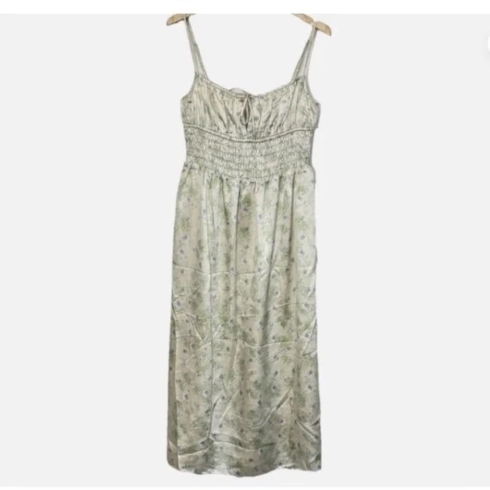 Astr Light Sage Green Satin Floral Midi Dress